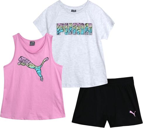 PUMA Girls Active Shorts Set - 3 Piece Performance T-Shirt, Tank Top, Gym Shorts - Summer Athletic Outfit for Girls (7-14) in Saudi Arabia