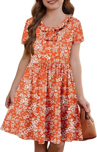 Yoklass Girls Summer Stretchy Dress A line Twirly Skater Dresses with Pockets 5-14 Years in Saudi Arabia