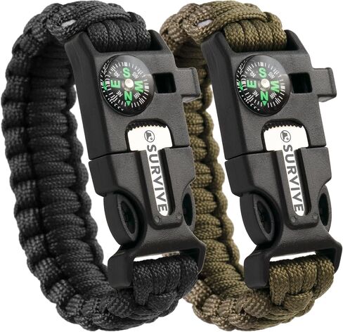 Paracord Bracelet, Pack of 2, Emergency Survival Kit Fire Starter Compass Whistle 8.5-10 ft Continuous Strand Flint Steel Scraper 5 in 1 in Saudi Arabia