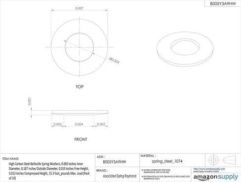 302 Stainless Steel Belleville Spring Washers, 0.093 inches Inner Diameter, 0.187 inches Outside Diameter, 0.015 inches Free Height, 0.013 inches Compressed Height, 15.3 foot_pounds Max. Load (Pack of 10) in Kuwait