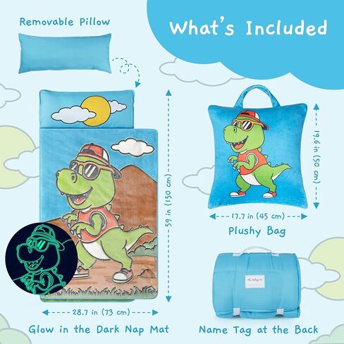 سجادة قيلولة للأطفال الصغار الأولاد - سجادات قيلولة ديناصور لمرحلة ما قبل المدرسة - سجادة قيلولة للأطفال الصغار مع وسادة - سجادة قيلولة للأولاد للرعاية النهارية - سجادات نوم للأطفال مع بطانية - حقيبة نوم ديناصور للأطفال من سن 3 إلى 8 سنوات in Kuwait