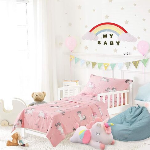 طقم سرير UOZZI BEDDING يونيكورن 4 قطع للأطفال الصغار مع نجوم قوس قزح ملونة وردية لطيفة للفتيات الصغيرات طقم ملاءات سرير وأغطية وسائد in Saudi Arabia