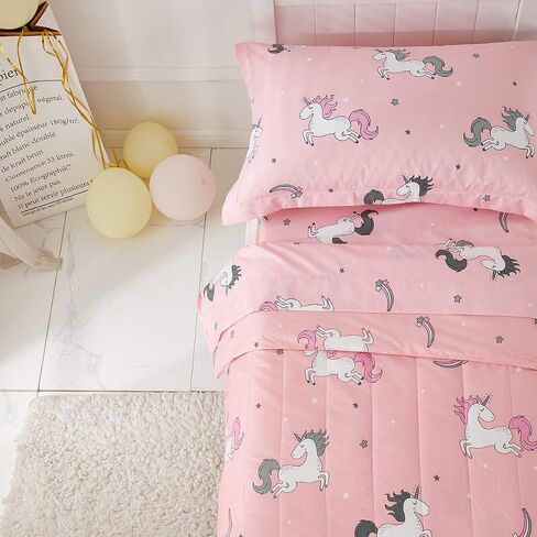 طقم سرير UOZZI BEDDING يونيكورن 4 قطع للأطفال الصغار مع نجوم قوس قزح ملونة وردية لطيفة للفتيات الصغيرات طقم ملاءات سرير وأغطية وسائد in Saudi Arabia