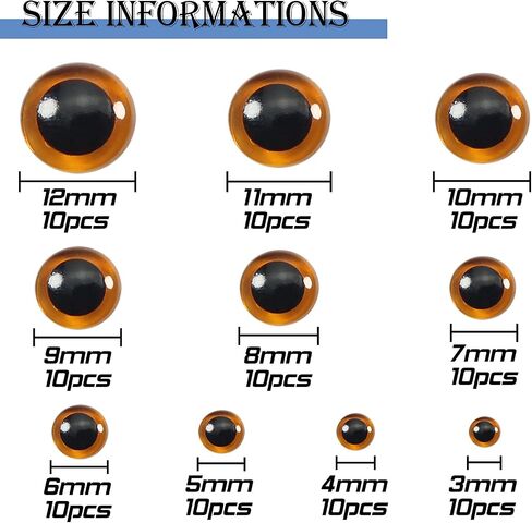 TOAOB 100pcs Black Glass Eyes Kits 3mm to 12mm Assorted Sizes for Crafts Needle Felting Bears Dolls Decoys Sewing in Kuwait