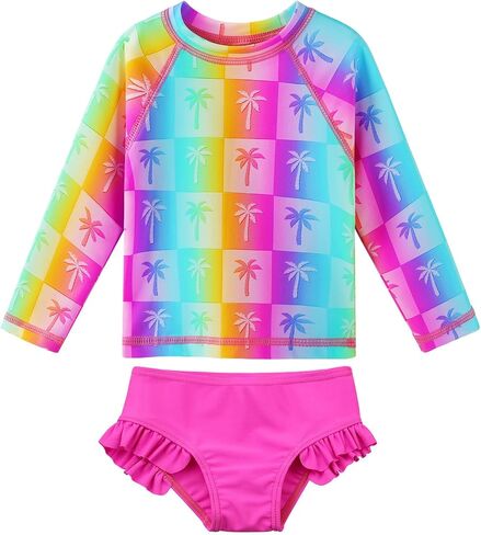 XFGIRLS Girls 2-Piece Swimsuit Long Sleeve Rash Guard Set Toddler 6M-8Y | UPF 50+ blocks 98% UV, Quick-dry, Easy on/off, Bright colors stand out, Machine wash, Breathable, Beach, swim, water park in Saudi Arabia