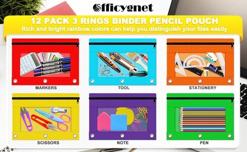 حقيبة أقلام رصاص ذات 3 حلقات من Officygnet، 12 عبوة مقلمة بسحاب كبير في 6 ألوان، أكياس أقلام رصاص مع نافذة شفافة لتخزين اللوازم المكتبية المدرسية، حقيبة أقلام رصاص من القماش لحافظة 3 فتحات in Kuwait