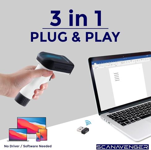 ScanAvenger لاسلكي محمول 1D و2D مع حامل ماسح باركود بلوتوث: ماسح ضوئي يدوي 3 في 1، لاسلكي، مسدس مسح قابل لإعادة الشحن للمخزون - رمز شريطي USB/قارئ QR (1D و2D ترقية حامل الجيل التالي) in Kuwait