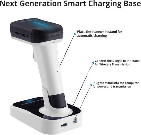 ScanAvenger لاسلكي محمول 1D و2D مع حامل ماسح باركود بلوتوث: ماسح ضوئي يدوي 3 في 1، لاسلكي، مسدس مسح قابل لإعادة الشحن للمخزون - رمز شريطي USB/قارئ QR (1D و2D ترقية حامل الجيل التالي) in Kuwait