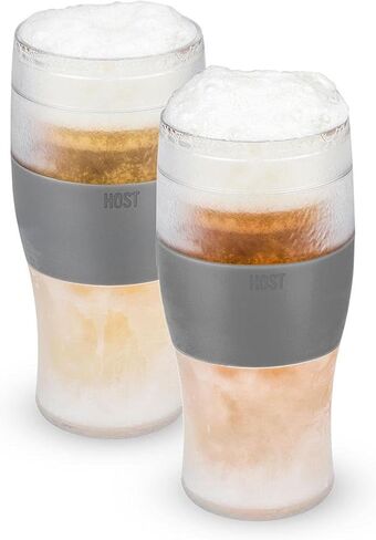 HOST Freeze Beer Glasses, 16 ounce Freezer Gel Chiller Double Wall Plastic Frozen Pint Glass, Set of 4, Black and Grey in Kuwait