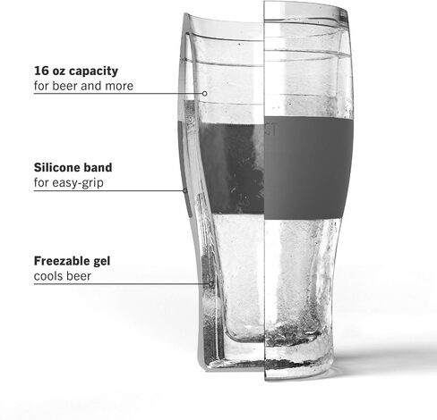 HOST Freeze Beer Glasses, 16 ounce Freezer Gel Chiller Double Wall Plastic Frozen Pint Glass, Set of 4, Black and Grey in Kuwait