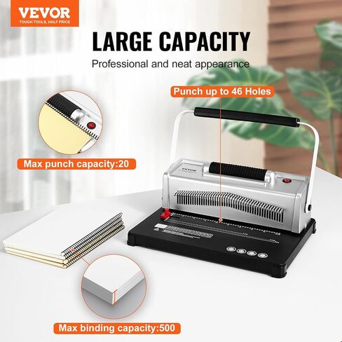 VEVOR Coil Spiral Binding Machine, Manual Book Maker with Electric Binding, 46-Holes Binding 500 Sheets Punch Binder, with 100pcs 5/16'' Coil Binding Spines, for Letter Size, A4, A5 in Saudi Arabia