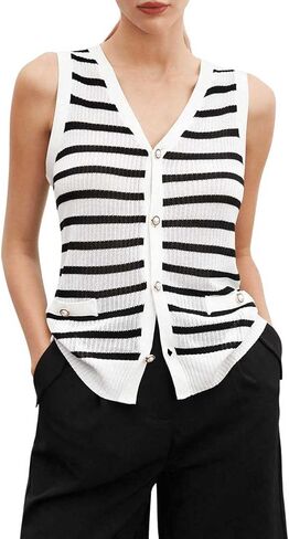 Verdusa Women's Sweater Vest Old Money Trendy Tops Striped Print Button Front Sleeveless Knit Sweaters in Saudi Arabia