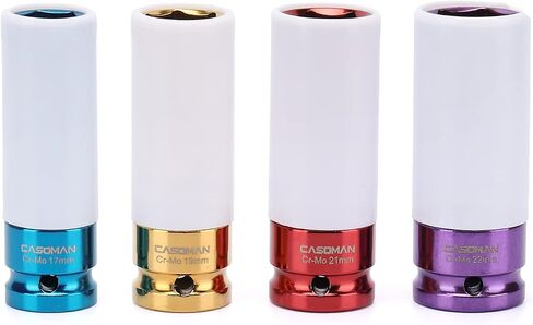 CASOMAN 1/2- Inch Drive Wheel Protector Impact Socket, 1/2" Thin Wall Deep Impact Socket Set Plastic Sleeve Lug Nut, 4 Pieces Set, 6 Point,Metric, 17mm,19mm,21mm,22mm in Saudi Arabia
