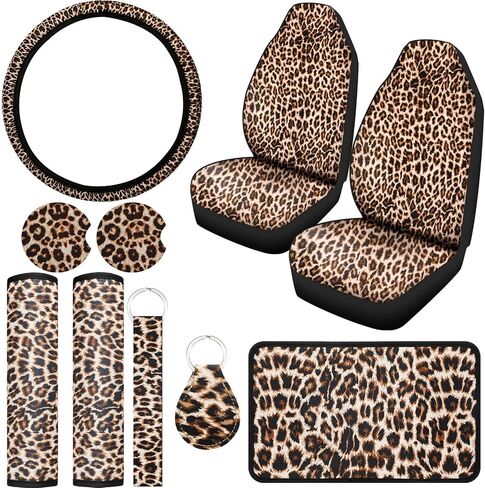 10 Pieces Leopard Print Car Decorations, Includes Leopard Front Seat Covers, Steering Wheel Cover, Leopard Car Coasters, Armrest Pad Cover Seat Belt Pads and Keychain Wrist Strap for Universal Cars in Saudi Arabia