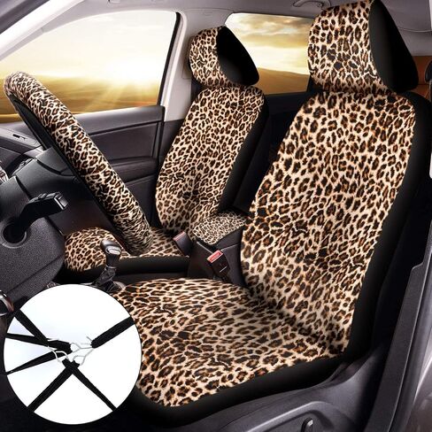 10 Pieces Leopard Print Car Decorations, Includes Leopard Front Seat Covers, Steering Wheel Cover, Leopard Car Coasters, Armrest Pad Cover Seat Belt Pads and Keychain Wrist Strap for Universal Cars in Saudi Arabia