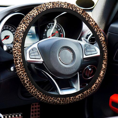 10 Pieces Leopard Print Car Decorations, Includes Leopard Front Seat Covers, Steering Wheel Cover, Leopard Car Coasters, Armrest Pad Cover Seat Belt Pads and Keychain Wrist Strap for Universal Cars in Saudi Arabia