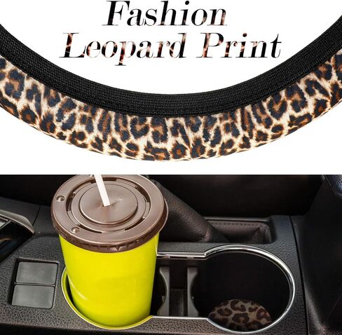 10 Pieces Leopard Print Car Decorations, Includes Leopard Front Seat Covers, Steering Wheel Cover, Leopard Car Coasters, Armrest Pad Cover Seat Belt Pads and Keychain Wrist Strap for Universal Cars in Saudi Arabia