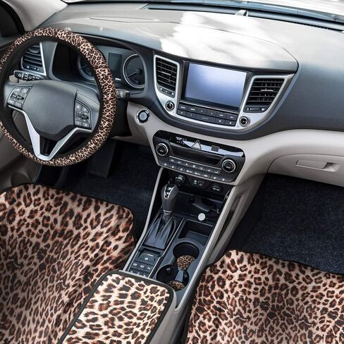 10 Pieces Leopard Print Car Decorations, Includes Leopard Front Seat Covers, Steering Wheel Cover, Leopard Car Coasters, Armrest Pad Cover Seat Belt Pads and Keychain Wrist Strap for Universal Cars in Saudi Arabia