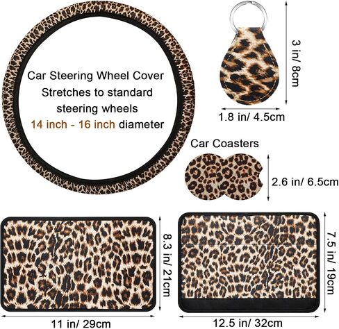 10 Pieces Leopard Print Car Decorations, Includes Leopard Front Seat Covers, Steering Wheel Cover, Leopard Car Coasters, Armrest Pad Cover Seat Belt Pads and Keychain Wrist Strap for Universal Cars in Saudi Arabia