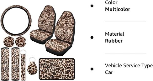 10 Pieces Leopard Print Car Decorations, Includes Leopard Front Seat Covers, Steering Wheel Cover, Leopard Car Coasters, Armrest Pad Cover Seat Belt Pads and Keychain Wrist Strap for Universal Cars in Saudi Arabia
