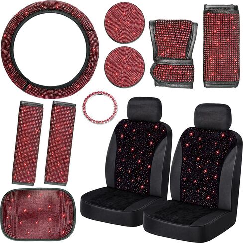 13 Pack Bling Car Seat Covers Set Car Diamond Accessories Rhinestone Crystal Steering Wheel Cover, Bling Velvet Breathable Seat Cover, Glitter Center Console Pad Universal Car Interior (Red) in Saudi Arabia