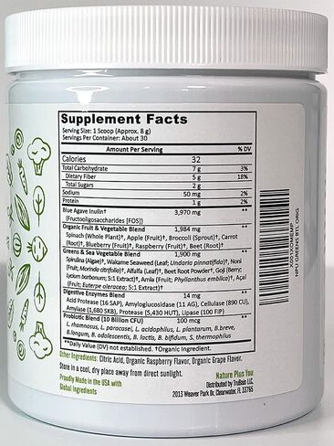 Super Greens Powder Organic Blend: Non-GMO Supplement, includes Spirulina, Alfalfa, Spinach, Probiotics, Fiber and Digestive Enzymes, No Artificial Sweeteners, 30 Servings in Saudi Arabia