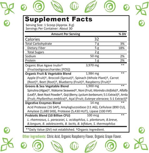Super Greens Powder Organic Blend: Non-GMO Supplement, includes Spirulina, Alfalfa, Spinach, Probiotics, Fiber and Digestive Enzymes, No Artificial Sweeteners, 30 Servings in Saudi Arabia