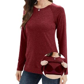 Women Long Sleeves Shirt with Built Sewn in Bra Loose Fit Tank Top Casual Padded Trendy Blouse Tunic Pullover in Kuwait