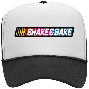قبعة Ricky Bobby Racing Shake N Bake Foam Trucker Mesh Snapback Curved Bill Hat مطبوعة باللونين الأبيض والأسود in Kuwait