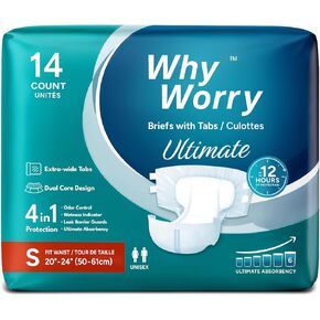WhyWorry Ultimate Adult Diapers for Men and Women, Disposable Adult Briefs with Tabs for Incontinence, Unisex Incontinence Briefs with Tabs, Ultimate Absorbency, Odor Control, Large, 14 Count in Saudi Arabia