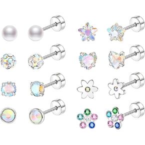 QINHE 8 Pairs 16PCS Stainless Steel Body Jewelry Set - 0.8mm Thickness, 6mm Balls, Pearl/CZ Heart/Star/Flower Designs, Hypoallergenic Ear/Nose/Belly Rings, PE Display Case Gift Ready in Saudi Arabia