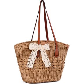 Straw Bag, Straw Tote Bags for Women Summer Shoulder Handbags Woven Beach Bag Rattan Purse Contains Fake Flowers for DIY in Saudi Arabia