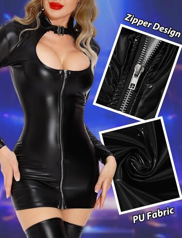 Women Leather Dress Bodycon Long Sleeves Wet-Look for Party Nighclub XS-L in Saudi Arabia
