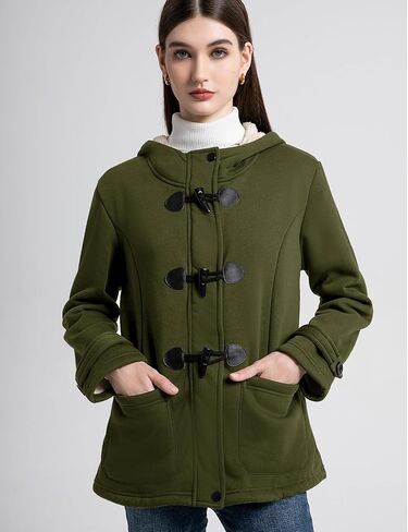 Flygo Women Sherpa Lined Hoodie Jacket Toggle Duffle Coat Warm Hooded Fleece Jackets Fall Winter Coats in Kuwait
