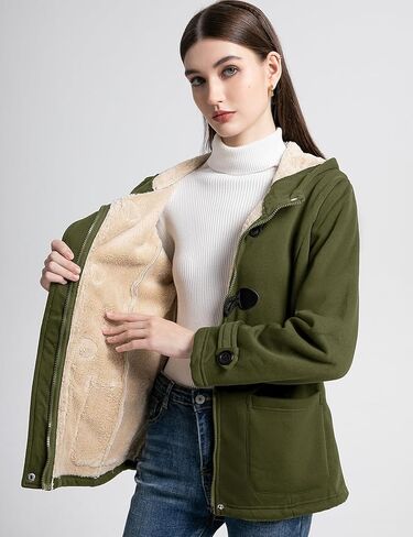 Flygo Women Sherpa Lined Hoodie Jacket Toggle Duffle Coat Warm Hooded Fleece Jackets Fall Winter Coats in Kuwait