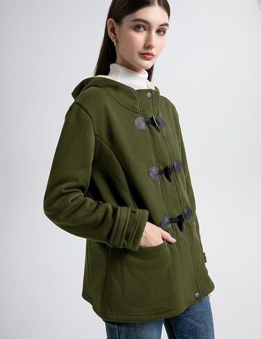 Flygo Women Sherpa Lined Hoodie Jacket Toggle Duffle Coat Warm Hooded Fleece Jackets Fall Winter Coats in Kuwait