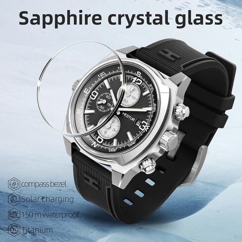 Men's Military Tactical Titanium Watch 44.5mm, Solar-Powered, Sapphire Field Quartz Wrist Watches, Chronograph, 150bar, Day, Alarm, Super Luminous in Saudi Arabia
