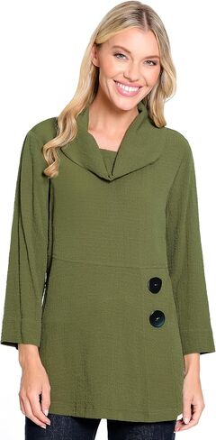 Ali Miles womens Woven Pucker Fabric Tunic Cowl Neck Button Details in Kuwait