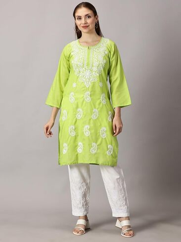 FCH, Fashionable Chikan Handikraft Women's Embroidered Cotton dress Chikankari kurta for women Tops kurti Set With Bottom in Saudi Arabia