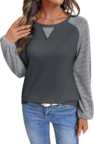 SHEWIN Womens Waffle Knit Tops Casual Crewneck Contrast Long Sleeve Shirts Loose Blouses Pullover Tunic Top in Saudi Arabia