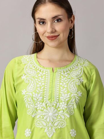 FCH, Fashionable Chikan Handikraft Women's Embroidered Cotton dress Chikankari kurta for women Tops kurti Set With Bottom in Saudi Arabia