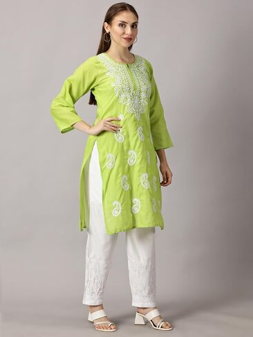 FCH, Fashionable Chikan Handikraft Women's Embroidered Cotton dress Chikankari kurta for women Tops kurti Set With Bottom in Saudi Arabia