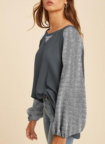 SHEWIN Womens Waffle Knit Tops Casual Crewneck Contrast Long Sleeve Shirts Loose Blouses Pullover Tunic Top in Saudi Arabia