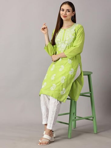FCH, Fashionable Chikan Handikraft Women's Embroidered Cotton dress Chikankari kurta for women Tops kurti Set With Bottom in Saudi Arabia