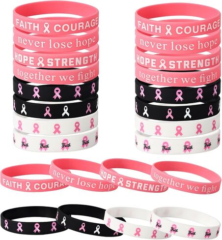 24pcs Breast Awareness Wristbands, 8 Style Elastic Silicone Pink Ribbon Bracelets with Hope Faith Strength Courage Inspiring Words for Women Charity Social Welfare Event Supply in Saudi Arabia