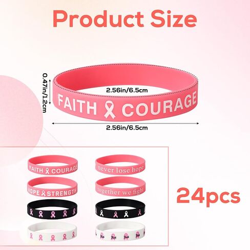24pcs Breast Awareness Wristbands, 8 Style Elastic Silicone Pink Ribbon Bracelets with Hope Faith Strength Courage Inspiring Words for Women Charity Social Welfare Event Supply in Saudi Arabia