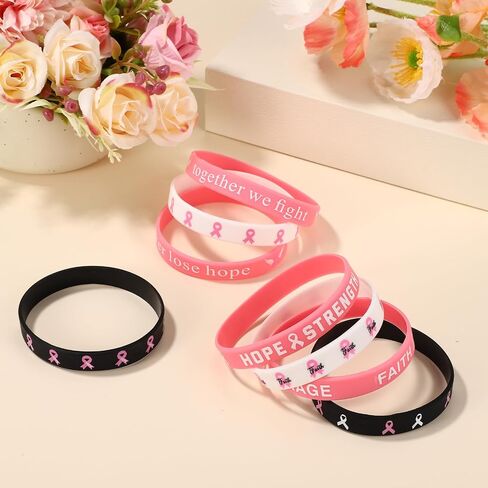 24pcs Breast Awareness Wristbands, 8 Style Elastic Silicone Pink Ribbon Bracelets with Hope Faith Strength Courage Inspiring Words for Women Charity Social Welfare Event Supply in Saudi Arabia