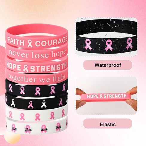 24pcs Breast Awareness Wristbands, 8 Style Elastic Silicone Pink Ribbon Bracelets with Hope Faith Strength Courage Inspiring Words for Women Charity Social Welfare Event Supply in Saudi Arabia