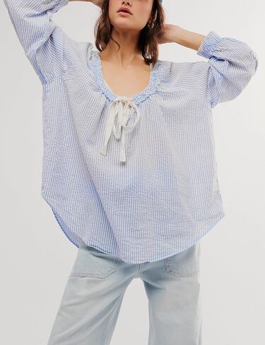 Majdan Women's Tunic Long Sleeve Casual Cotton Oversized Striped Top with Tie in Kuwait