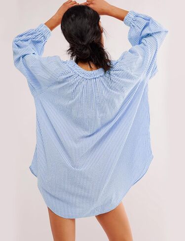 Majdan Women's Tunic Long Sleeve Casual Cotton Oversized Striped Top with Tie in Kuwait
